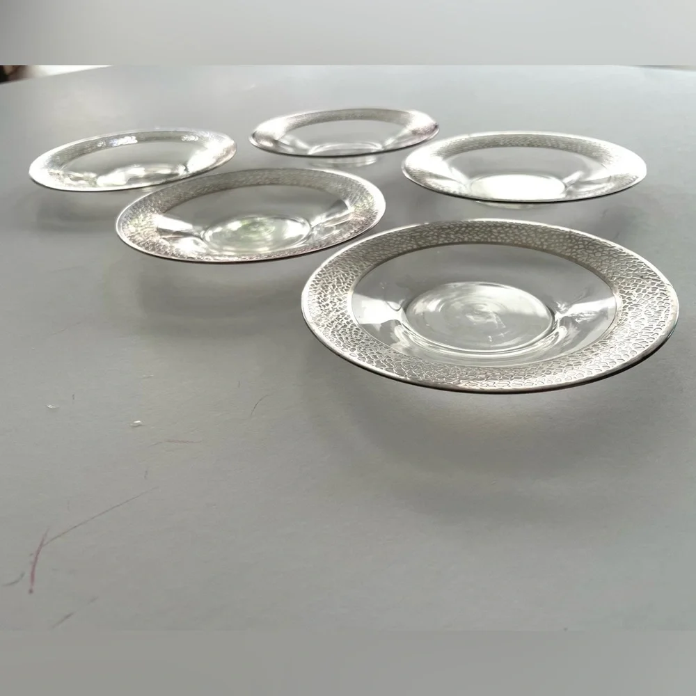 Five Vintage Clear Glass Sterling Silver Lace Overlay Bread Plates